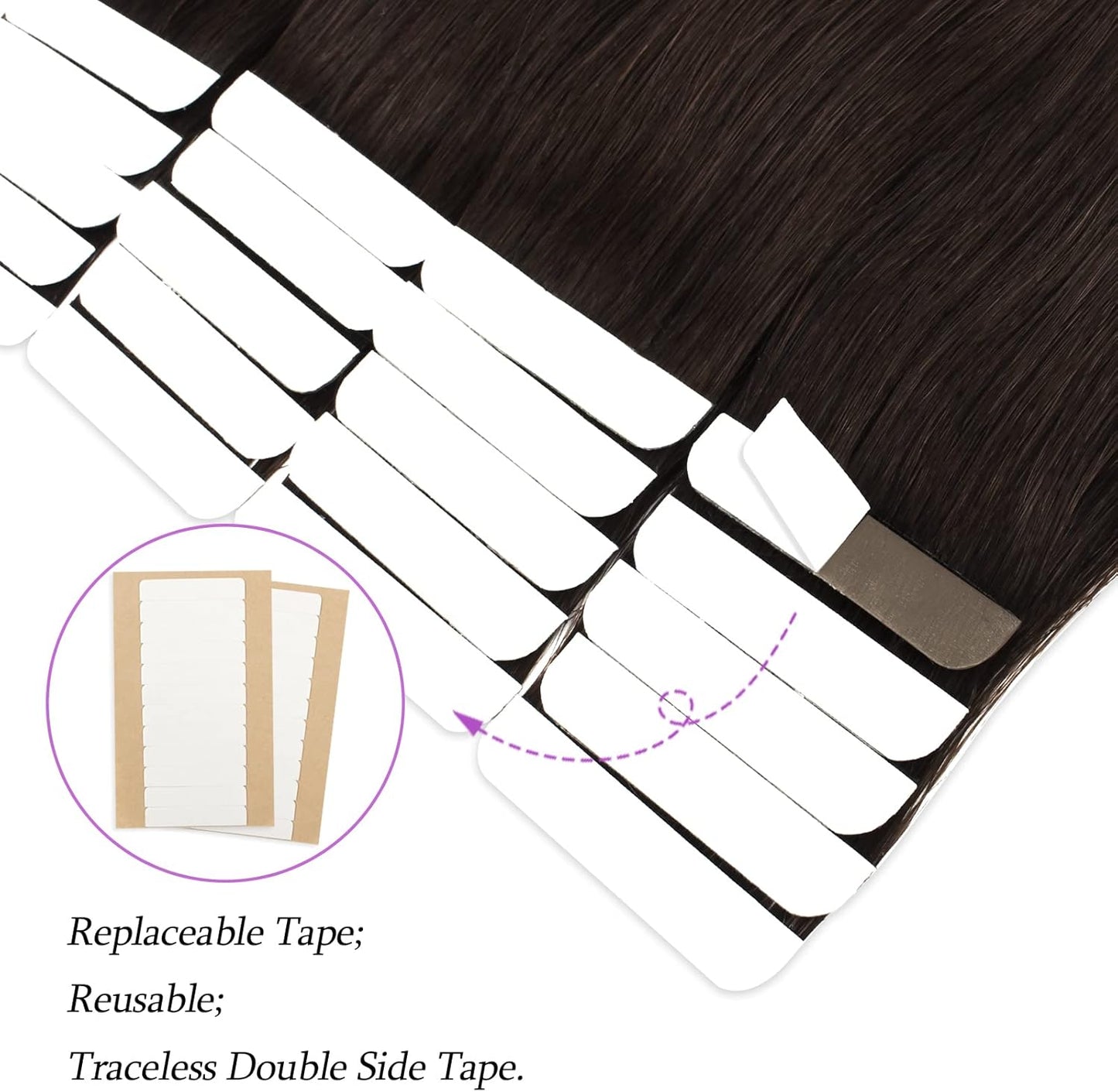 Semi-Permanent Tape Attached Real Remi-Remy Human Tape in Hair Extension 50G-20Pcs Invisible Seamless Reusable Glue in Skin Weft off Black Color 1B 18 Inch