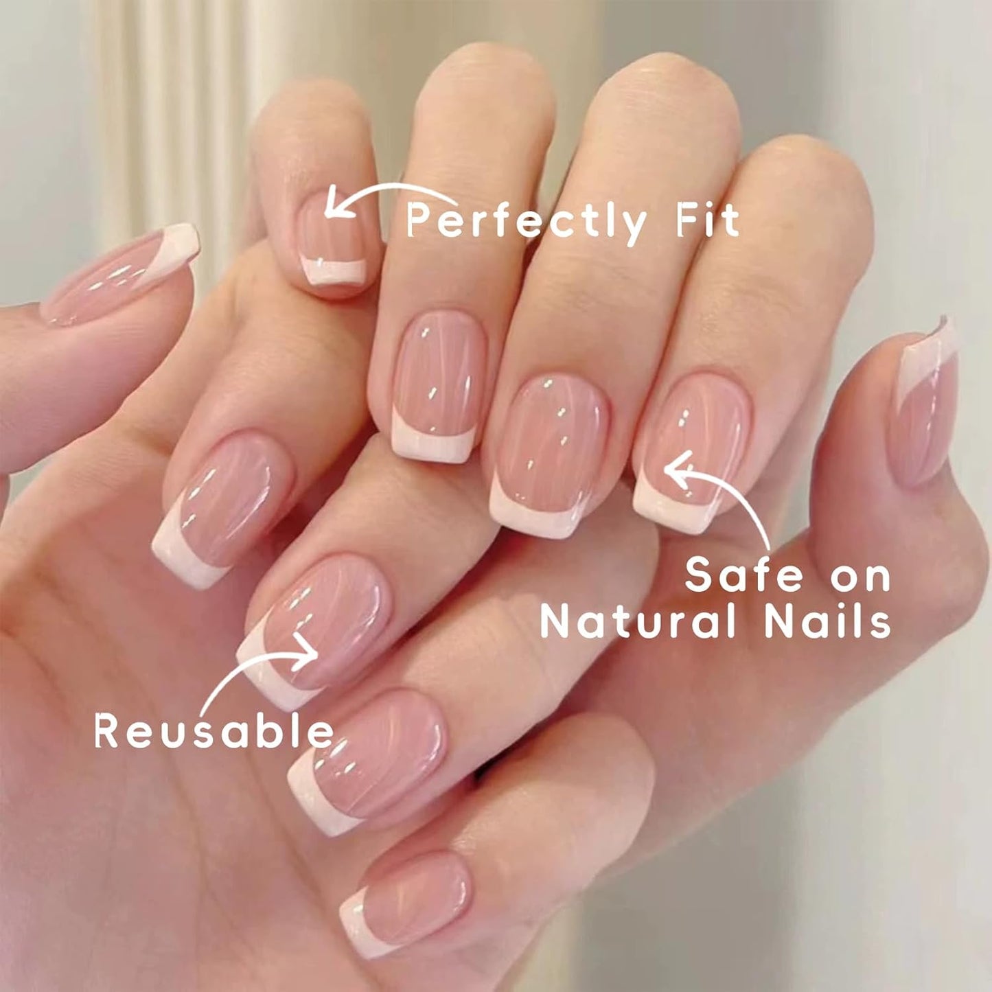 Short Press on Nails, Natural Fake Nails Frech Tip Press on Nails Glue on Nails Kit with 2 Adhesive Tab, Nail File, Cuticle Stick and Prep Pad, 24 Nails