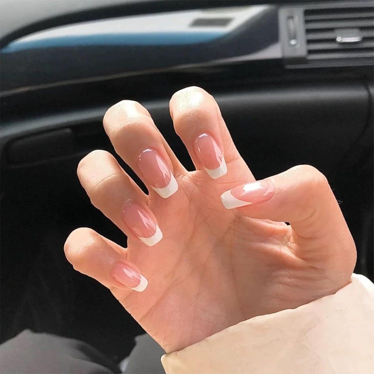 Short Press on Nails, Natural Fake Nails Frech Tip Press on Nails Glue on Nails Kit with 2 Adhesive Tab, Nail File, Cuticle Stick and Prep Pad, 24 Nails