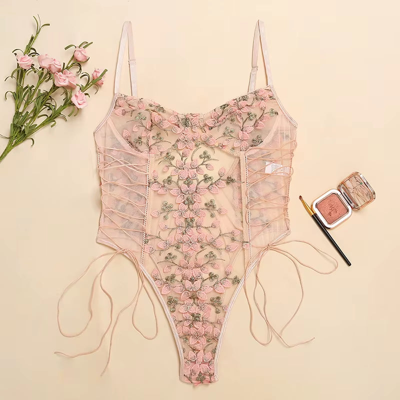Floral Embroidery Bodysuit Women Lace up Bandage Bodies Sexy Sleeveless Bodycon Transparent Lingerie Mesh Bodysuits Top