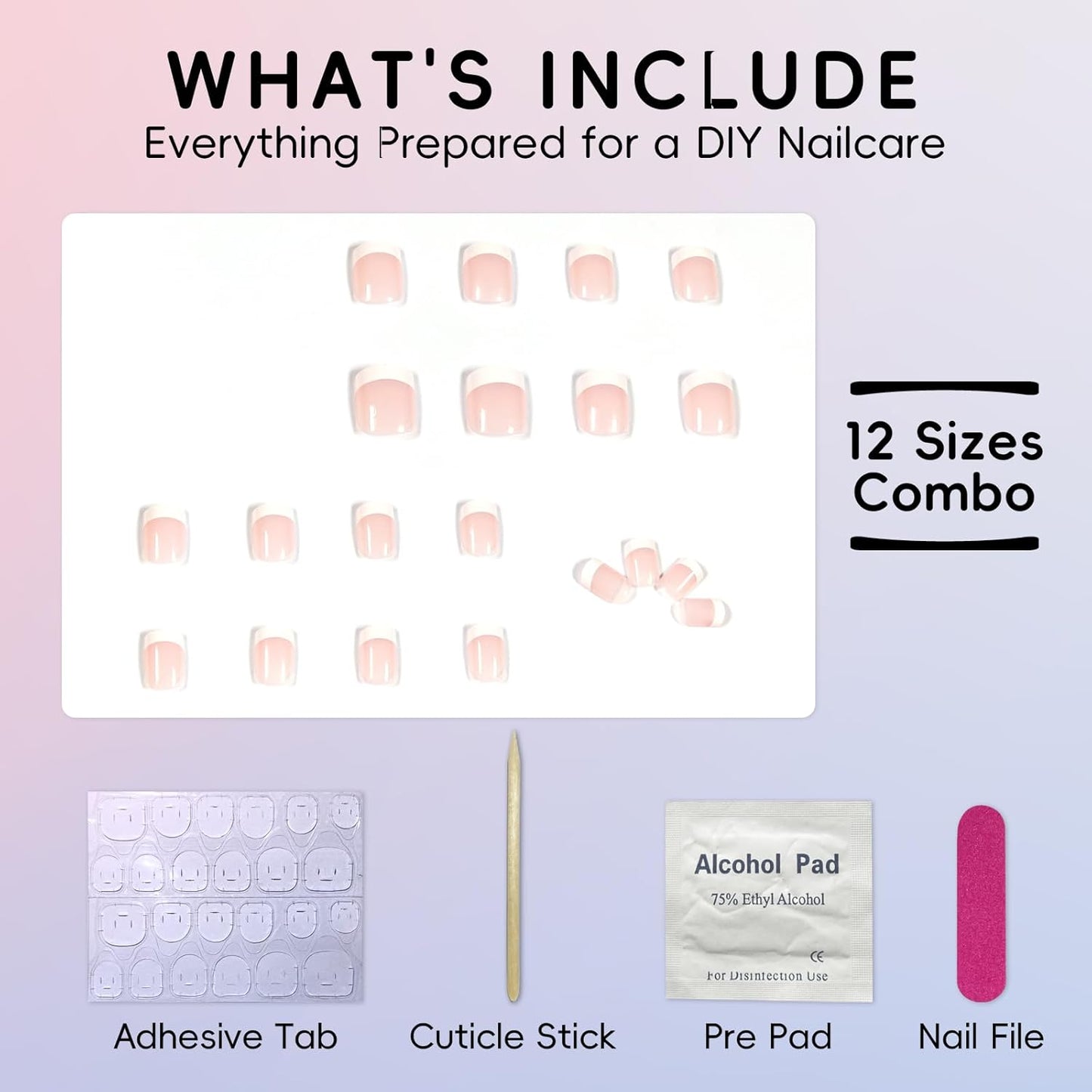 Short Press on Nails, Natural Fake Nails Frech Tip Press on Nails Glue on Nails Kit with 2 Adhesive Tab, Nail File, Cuticle Stick and Prep Pad, 24 Nails