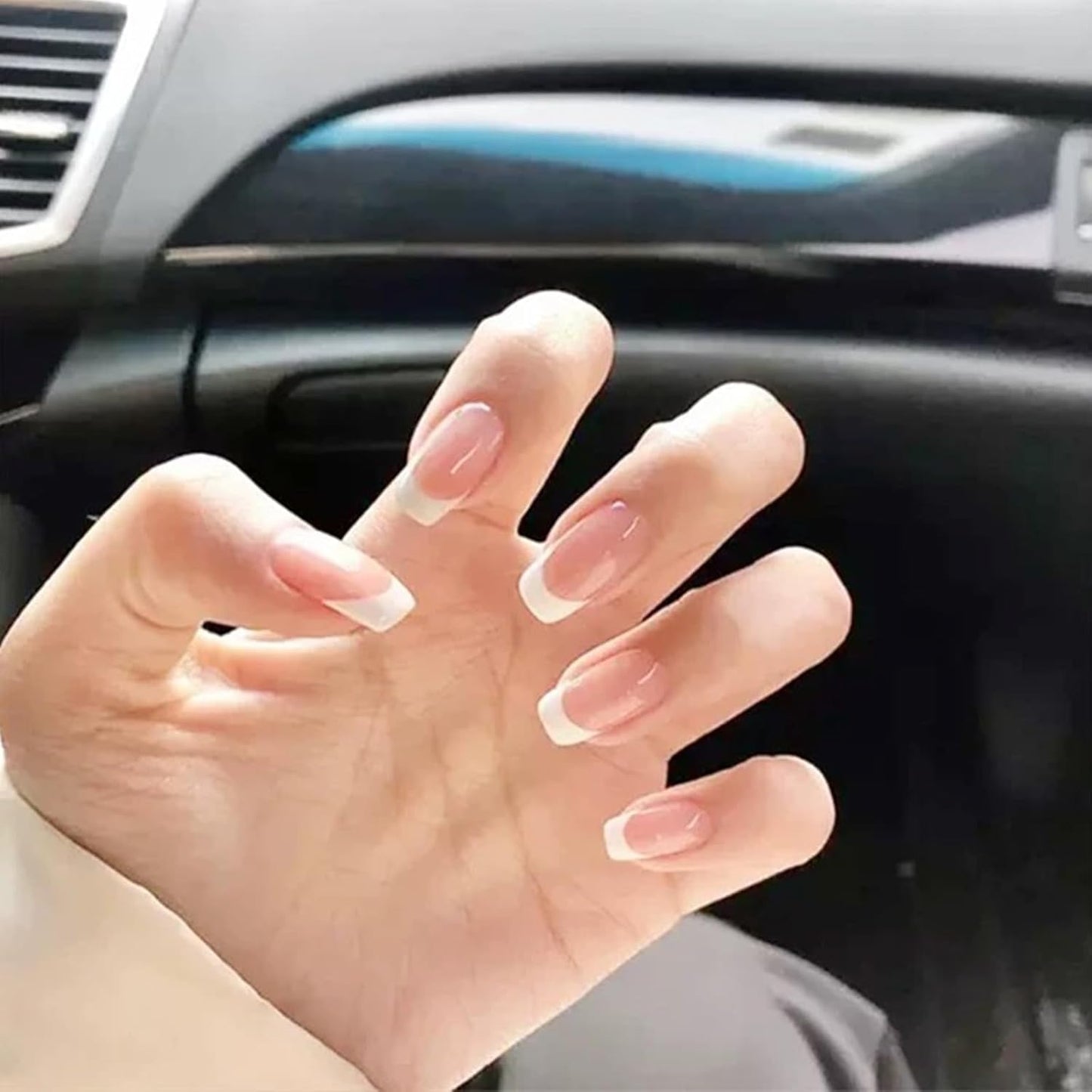 Short Press on Nails, Natural Fake Nails Frech Tip Press on Nails Glue on Nails Kit with 2 Adhesive Tab, Nail File, Cuticle Stick and Prep Pad, 24 Nails