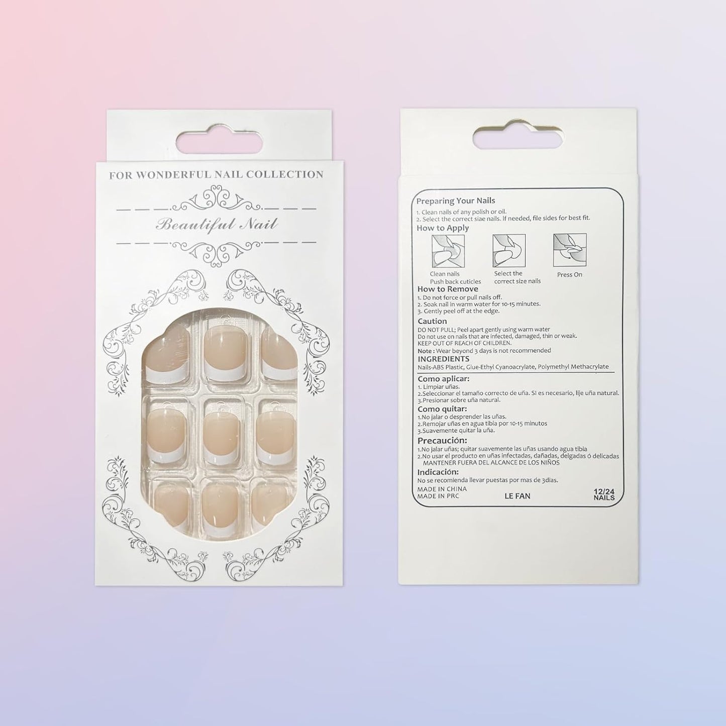 Short Press on Nails, Natural Fake Nails Frech Tip Press on Nails Glue on Nails Kit with 2 Adhesive Tab, Nail File, Cuticle Stick and Prep Pad, 24 Nails