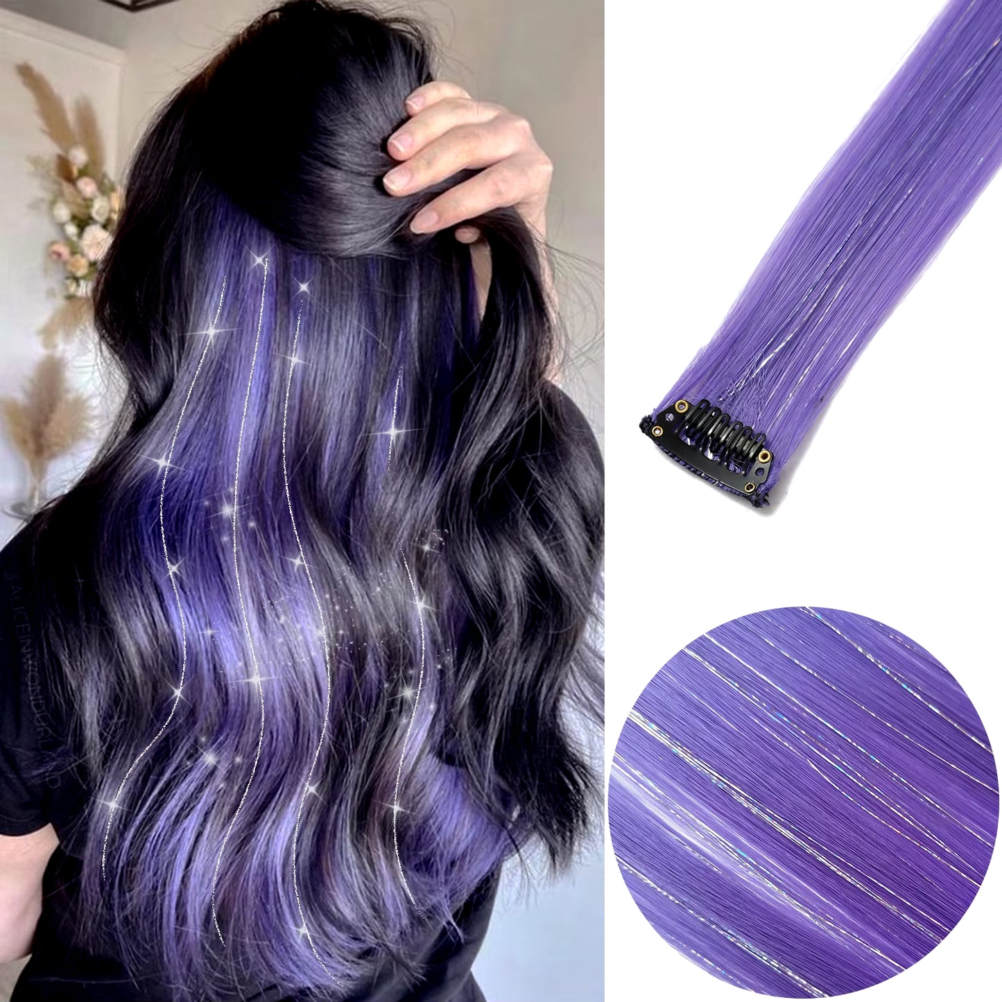 Clip in Colored Hair Extensions Mixed Silver Tinsels Synthetic Rainbow Hairpiece Holiday Party Highlights for Women Girls