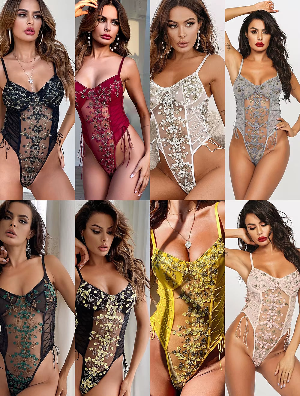 Floral Embroidery Bodysuit Women Lace up Bandage Bodies Sexy Sleeveless Bodycon Transparent Lingerie Mesh Bodysuits Top