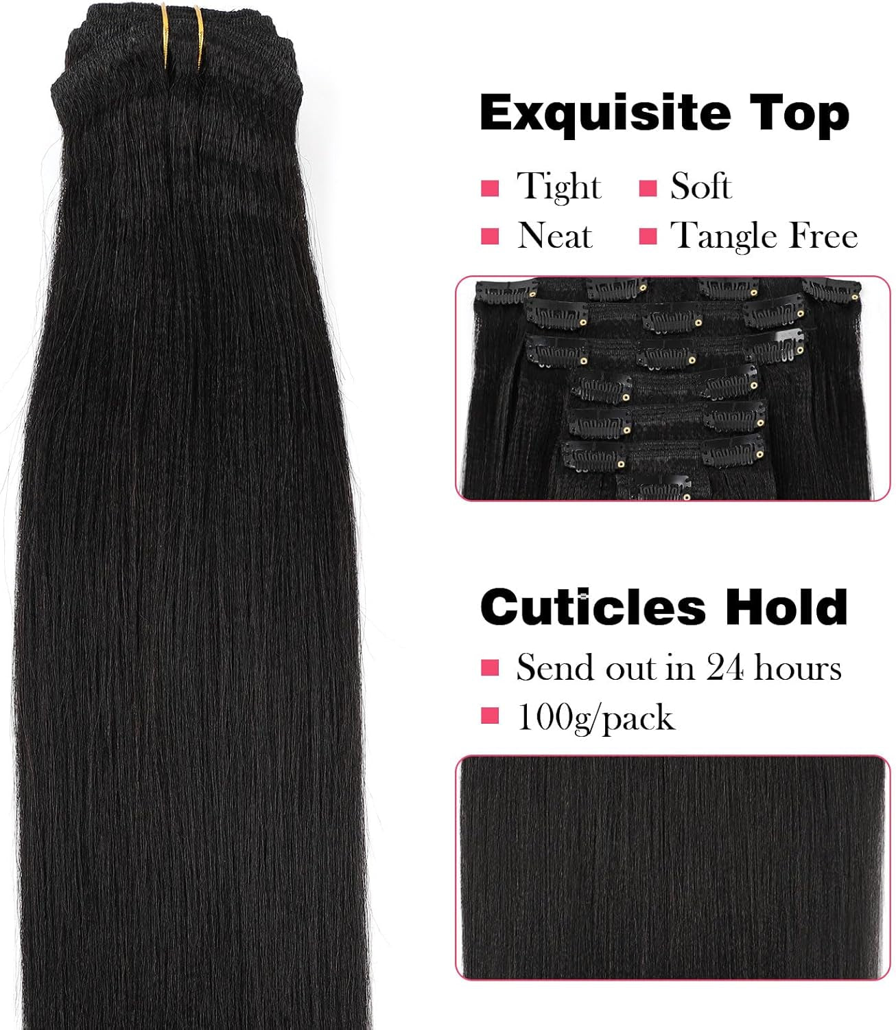 Clip in Human Hair Extensions Yaki Straight Style Natural Color 100% Remy Unprocessed Soft Clip on Extensions for Black Women 7 Pieces/Set 120 Grams YS 16 Inch