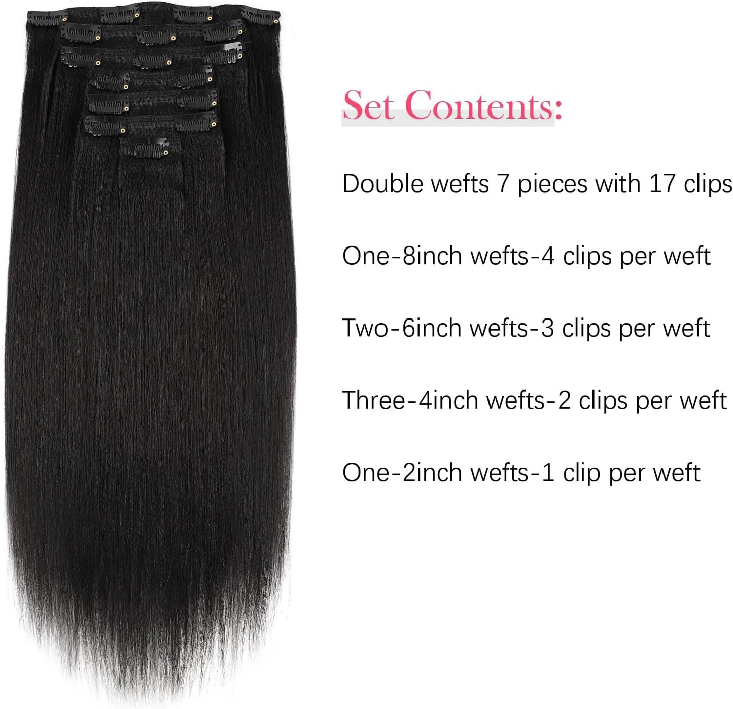 Clip in Human Hair Extensions Yaki Straight Style Natural Color 100% Remy Unprocessed Soft Clip on Extensions for Black Women 7 Pieces/Set 120 Grams YS 16 Inch