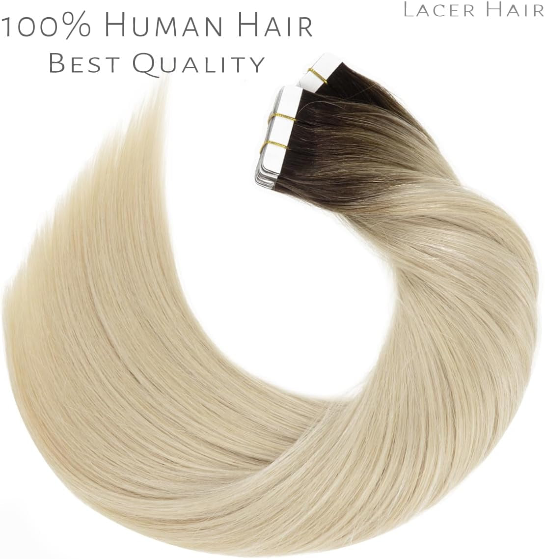Tape in Hair Extensions Human Hair Dip Dyed Ombre Darker Brown to Platinum Blond Seamless PU Skin Weft Natural Hair 20 Inch Invisible Tape in Human Hair Extensions Double Side 50G 20Pcs/Set