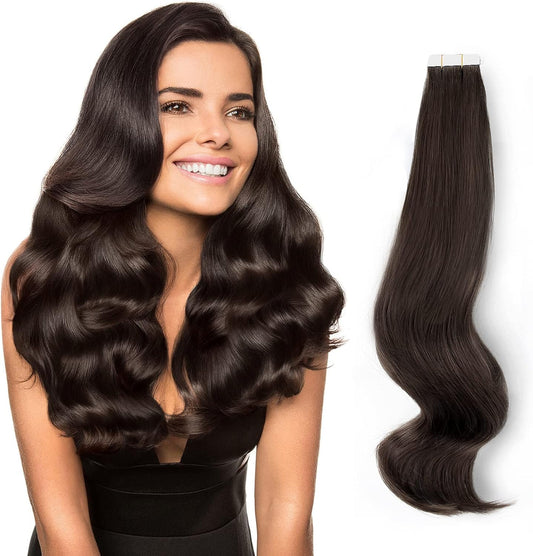Semi-Permanent Tape Attached Real Remi-Remy Human Tape in Hair Extension 50G-20Pcs Invisible Seamless Reusable Glue in Skin Weft off Black Color 1B 18 Inch