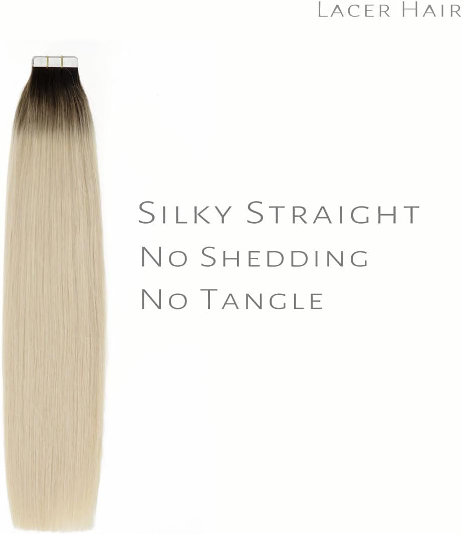 Tape in Hair Extensions Human Hair Dip Dyed Ombre Darker Brown to Platinum Blond Seamless PU Skin Weft Natural Hair 20 Inch Invisible Tape in Human Hair Extensions Double Side 50G 20Pcs/Set