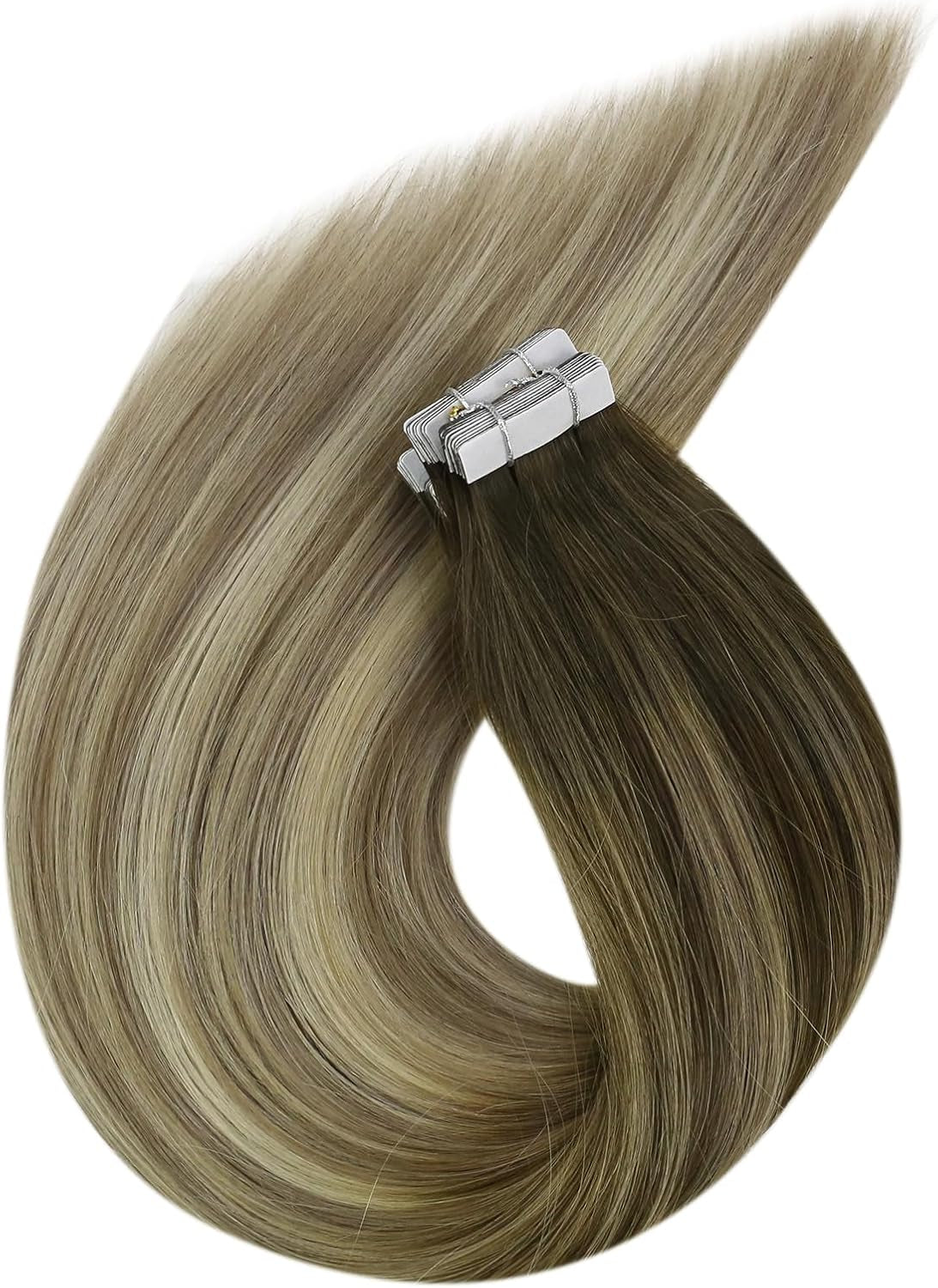 Tape in Hair Extensions Invisible Tape in Hair Extensions Human Hair 20Inch Dark Brown with Blonde Balayage Human Hair Tape in Extensions for Women 20Pcs