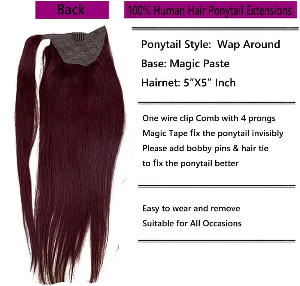 99J Wine Red Straight Ponytail Extension Human Hair with Wrap around Clip in Ponytail Human Hair Extensions Straight Hair Burgundy Color 18Inch 150G/Pack