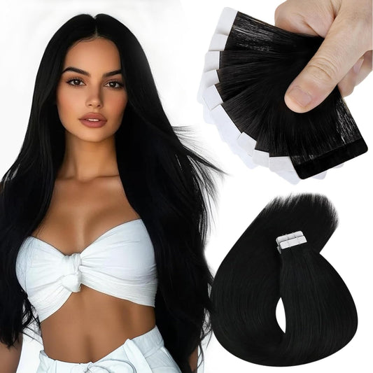Tape in Hair Extensions Human Hair Invisible Tape in Hair Extensions 10Pcs Tape in Extensions Real Human Hair Straight Hair Extensions for Women 16 Inch Jet Black Color