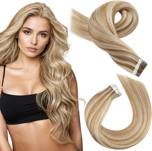 Blonde Tape in Hair Extensions Human Hair Blonde Highlights Hair Extensions for Women Tape Ins Medium Brown with Honey Blonde Invisible Tape Weft Hair Extensions 18 Inch 50G/20Pcs
