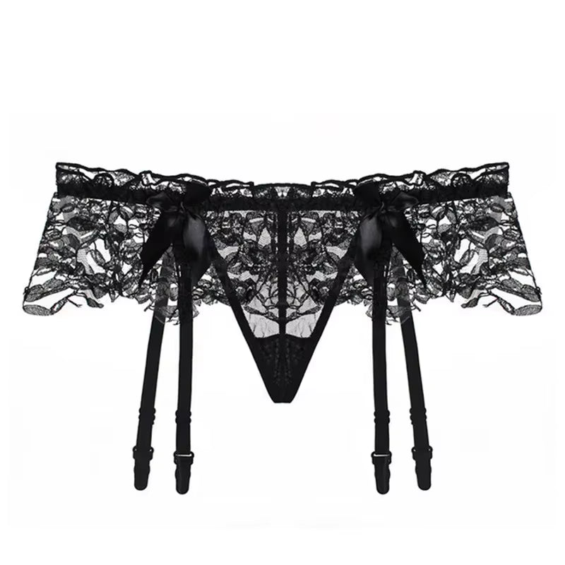 Women Sexy Lace Transparent Garters Belt Seamless Intimate Underwear Pearl Massage Panties with Suspender Belt for Stockings
