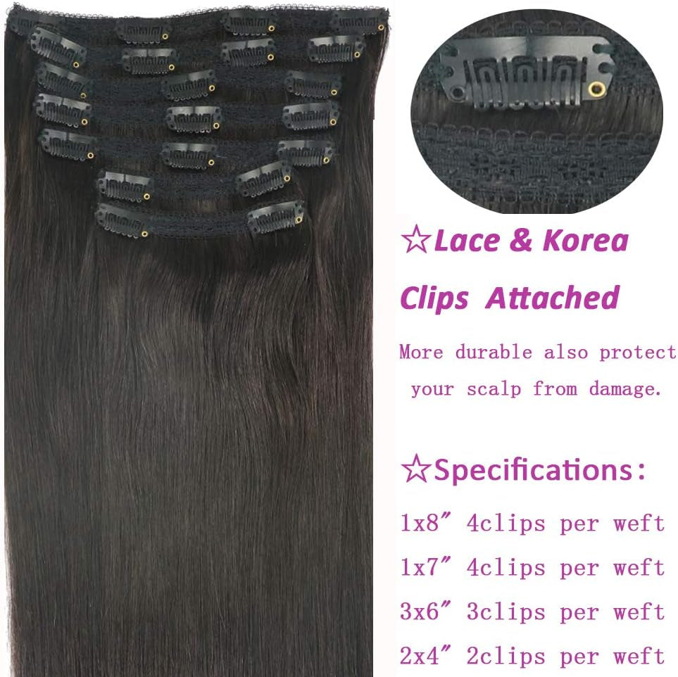 Real Human Remy Hair Lace Clip in Hair Extensions 16Inch Finsih at 16.5Inch 100G 7Pcs Color #1B off Black Double Wefted Thick Ends Silky Soft Long Lifespan Tangle Free Human Hair Extensions
