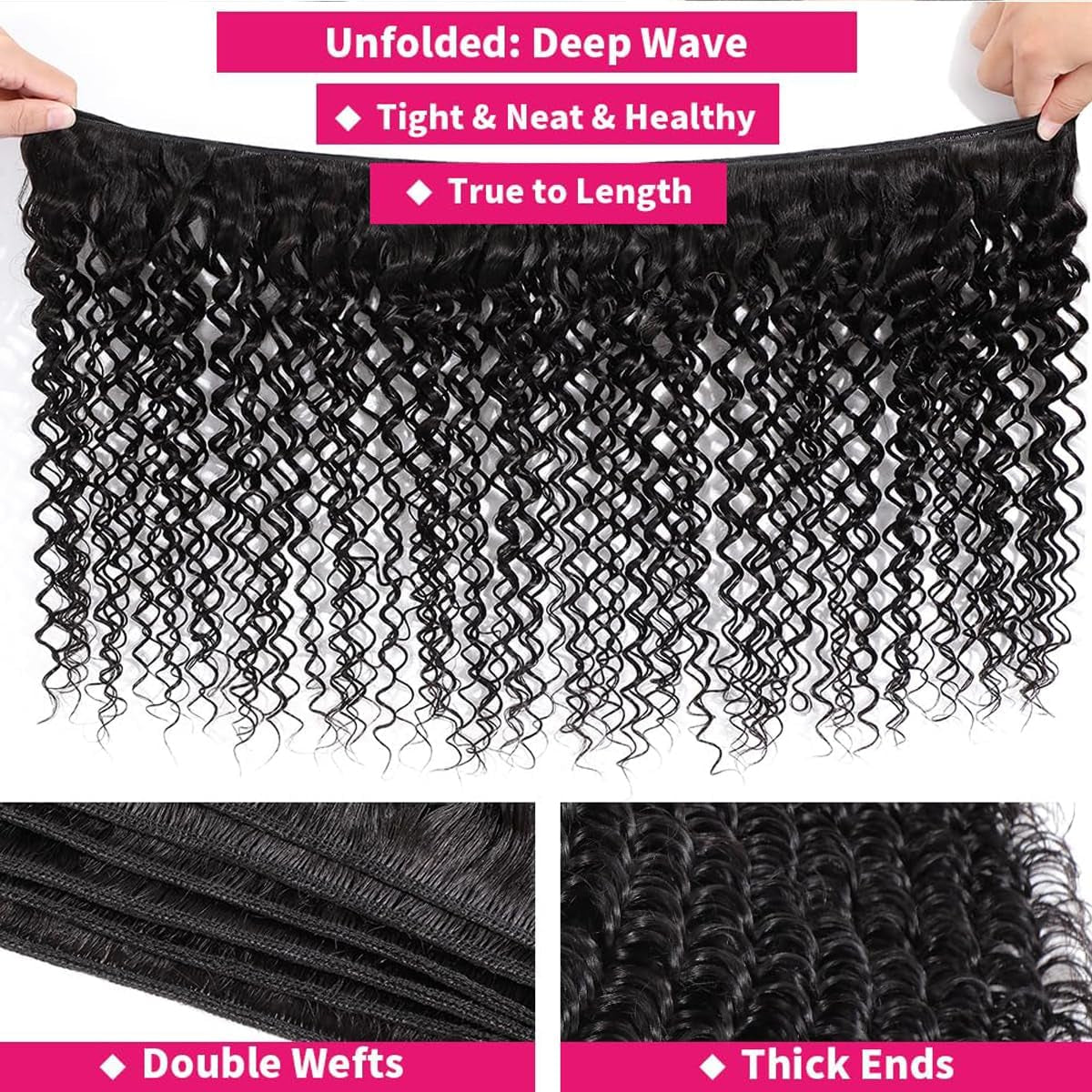 Deep Wave Remy Human Hair 3 Bundles Brazilian Virgin Hair Weave Bundles Deep Wave 12A Grade Unprocessed Hair Extensions Natural Black (Black, DEEP22 22 22)