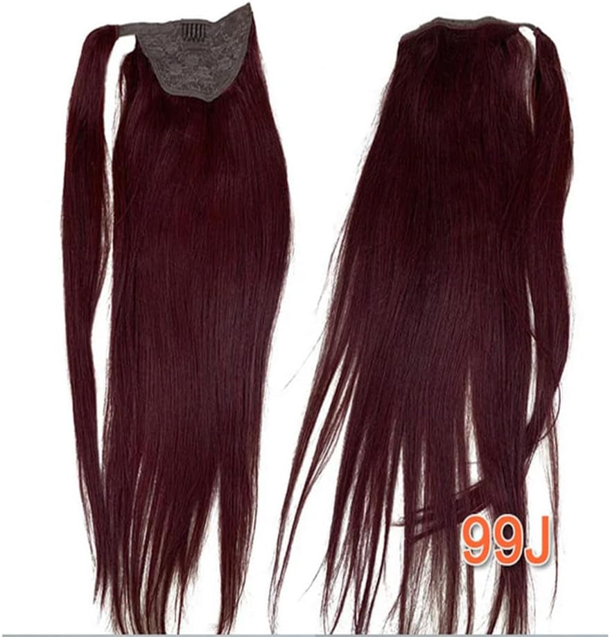99J Wine Red Straight Ponytail Extension Human Hair with Wrap around Clip in Ponytail Human Hair Extensions Straight Hair Burgundy Color 18Inch 150G/Pack