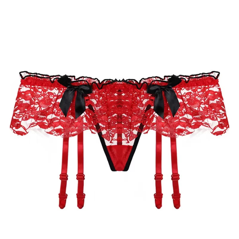 Women Sexy Lace Transparent Garters Belt Seamless Intimate Underwear Pearl Massage Panties with Suspender Belt for Stockings