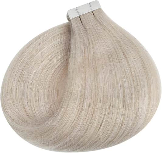 Tape in Hair Extensions Seamless Human Hair 12 Inch Tape in Natural Human Hair Extensions #60A White Blonde Tape in Invisible Hair Extensions 30Grams/20Pcs Tape Ins