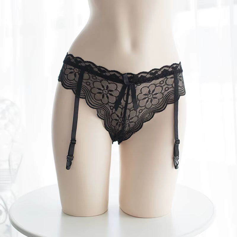 Women Sexy Lace Transparent Garters Belt Seamless Intimate Underwear Pearl Massage Panties with Suspender Belt for Stockings