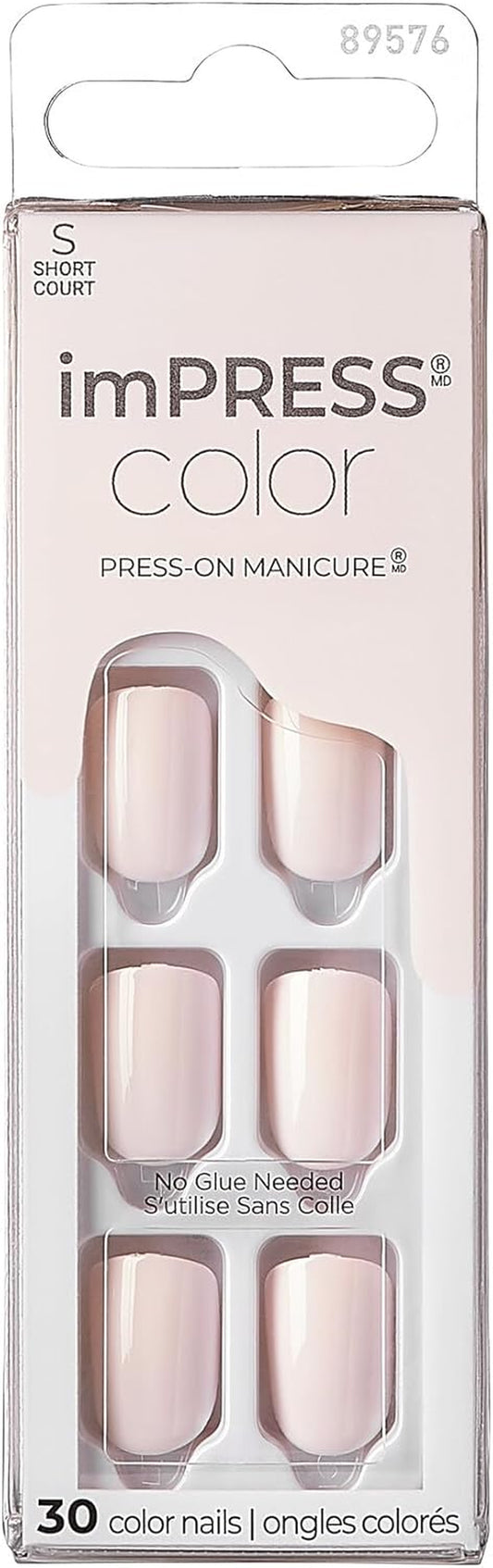 Impress No Glue Mani 30 Pcs Press on Nails, Medium Squoval Design Nail, Solid Pure White Print, Simple Peel & Press Easy Apply, Hassel-Free Removal, Essential Tools Included