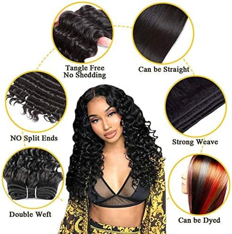 Deep Wave Remy Human Hair 3 Bundles Brazilian Virgin Hair Weave Bundles Deep Wave 12A Grade Unprocessed Hair Extensions Natural Black (Black, DEEP22 22 22)