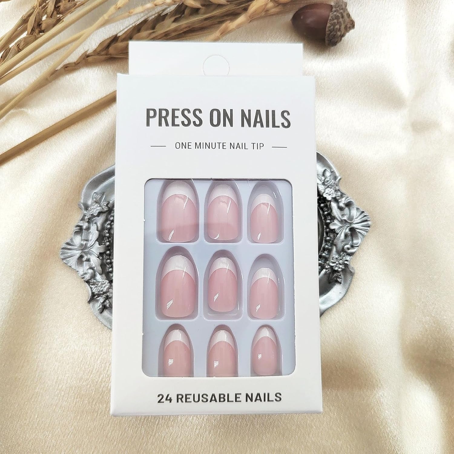 White French Tip Press on Nails - Short Oval Fake Nails for Daily Wear - Simple Glue on Light Pink Full Cover False Almond Acrylic Stick on Nails for Women - 24 Pcs