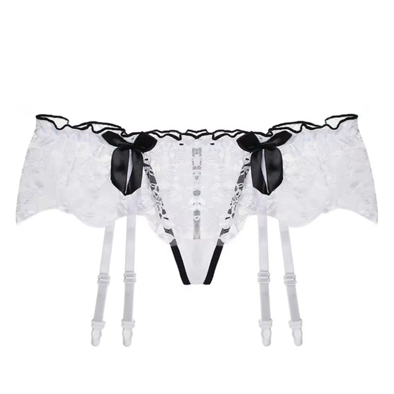 Women Sexy Lace Transparent Garters Belt Seamless Intimate Underwear Pearl Massage Panties with Suspender Belt for Stockings