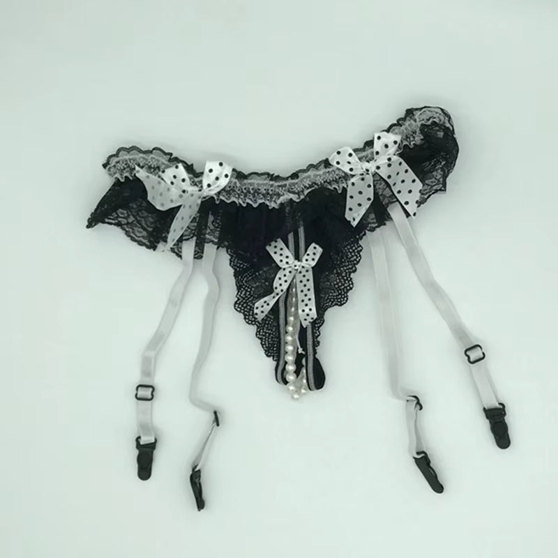 Women Sexy Lace Transparent Garters Belt Seamless Intimate Underwear Pearl Massage Panties with Suspender Belt for Stockings