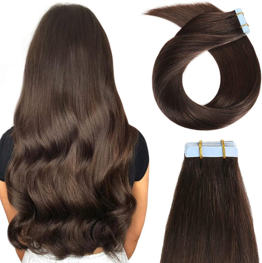Tape in Human Hair Extensions 16 Inches 20Pcs 40G Silky Straight Tape in Hair Extensions Remy Human Hair #2 Dark Brown Tape in Hair Extensions(16 Inch #2)