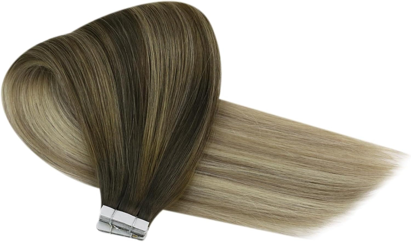 Tape in Hair Extensions Invisible Tape in Hair Extensions Human Hair 20Inch Dark Brown with Blonde Balayage Human Hair Tape in Extensions for Women 20Pcs