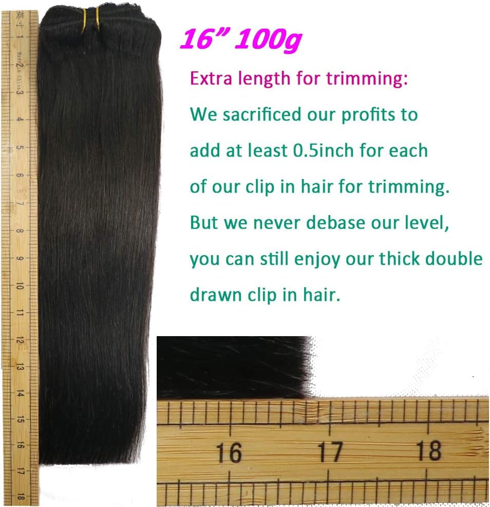 Real Human Remy Hair Lace Clip in Hair Extensions 16Inch Finsih at 16.5Inch 100G 7Pcs Color #1B off Black Double Wefted Thick Ends Silky Soft Long Lifespan Tangle Free Human Hair Extensions