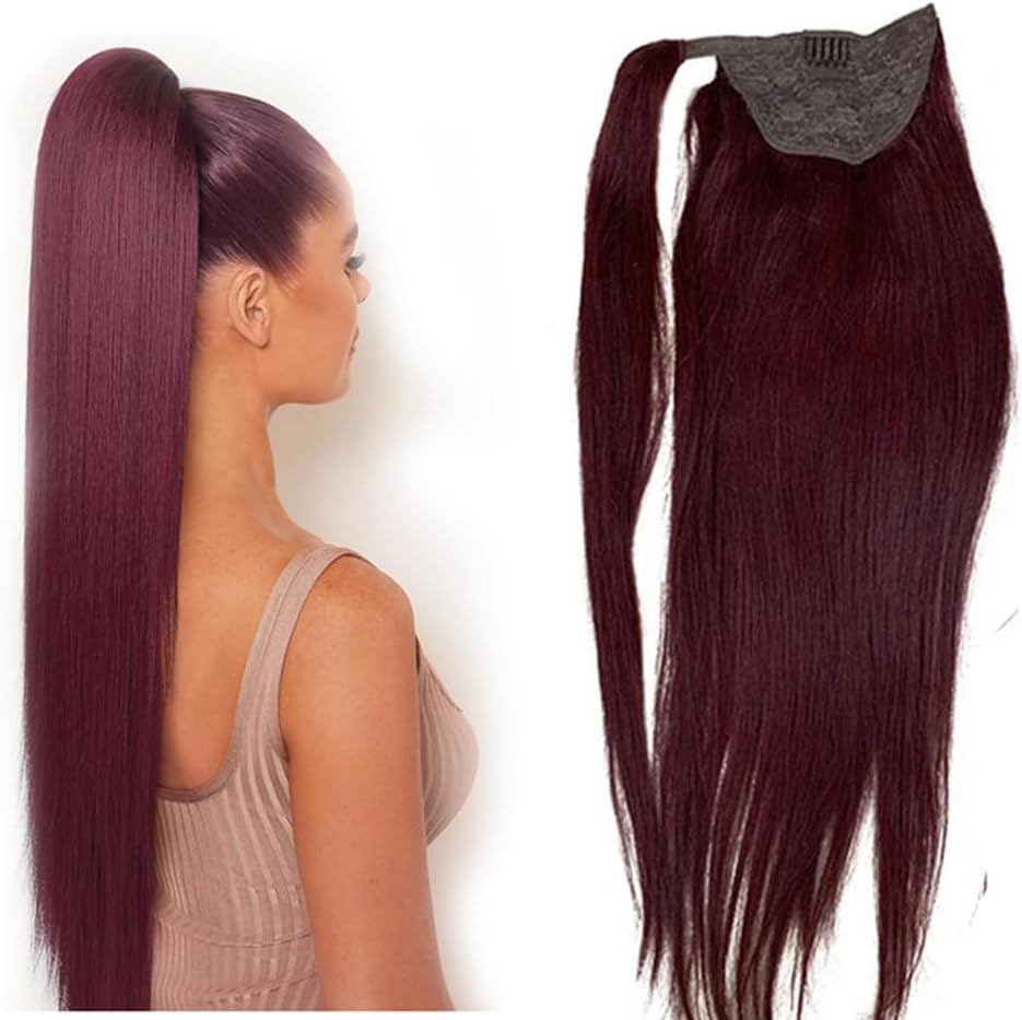 99J Wine Red Straight Ponytail Extension Human Hair with Wrap around Clip in Ponytail Human Hair Extensions Straight Hair Burgundy Color 18Inch 150G/Pack