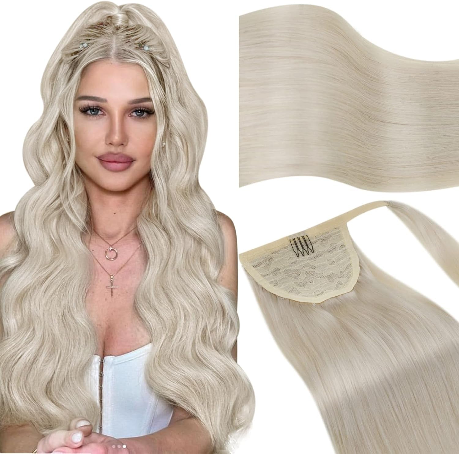 Blonde Ponytail Extension Human Hair Blonde Ponytail Extension for Women Wrap around Human Hair Ponytail Extensions Platinum Blonde 80G/Set 20 Inch