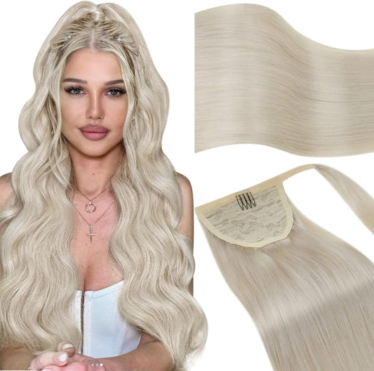 Blonde Ponytail Extension Human Hair Blonde Ponytail Extension for Women Wrap around Human Hair Ponytail Extensions Platinum Blonde 80G/Set 20 Inch