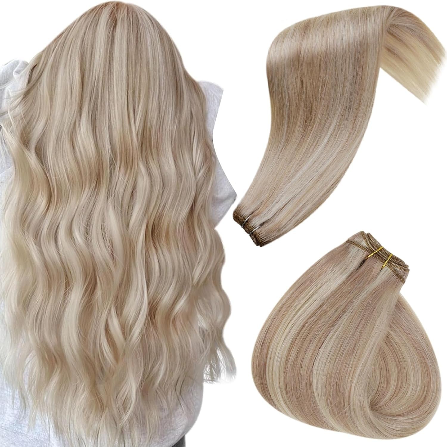 Blonde Weft Hair Extensions Human Hair Sew in Extensions Brazilian Hand Tied Human Hair Bundles #18/613 Blonde Hair Wefts Human Hair Weave 100G 18 Inch
