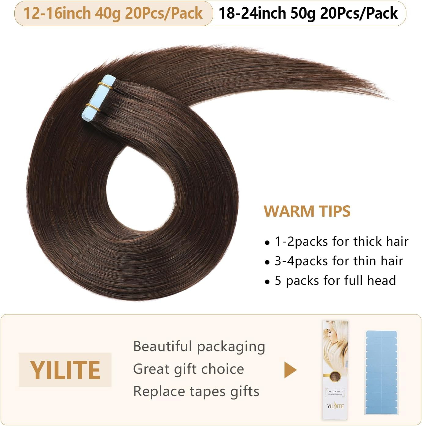 Tape in Human Hair Extensions 16 Inches 20Pcs 40G Silky Straight Tape in Hair Extensions Remy Human Hair #2 Dark Brown Tape in Hair Extensions(16 Inch #2)