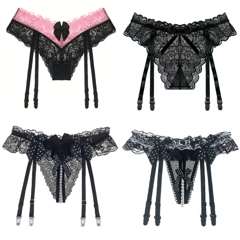 Women Sexy Lace Transparent Garters Belt Seamless Intimate Underwear Pearl Massage Panties with Suspender Belt for Stockings