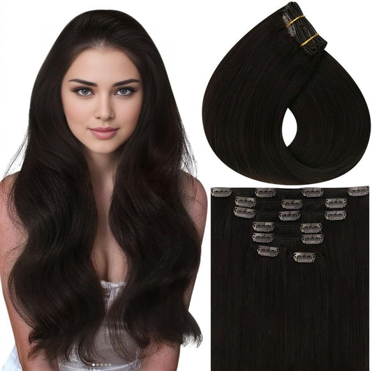 Brown Clip in Hair Extensions Human Hair Brown Human Hair Clip in Extensions Dark Brown Clip in Hair Extensions for Women Full Head 12 Inch #2 80G 7Pcs