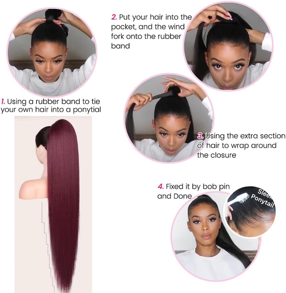 99J Wine Red Straight Ponytail Extension Human Hair with Wrap around Clip in Ponytail Human Hair Extensions Straight Hair Burgundy Color 18Inch 150G/Pack