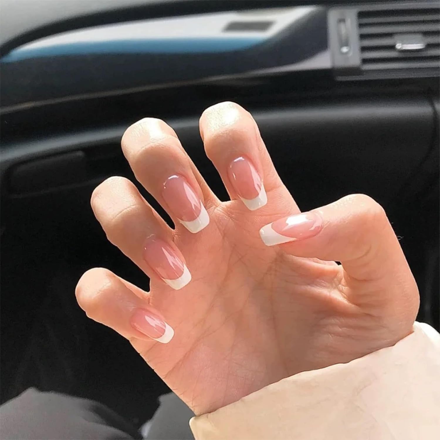 Short Press on Nails, Natural Fake Nails Frech Tip Press on Nails Glue on Nails Kit with 2 Adhesive Tab, Nail File, Cuticle Stick and Prep Pad, 24 Nails