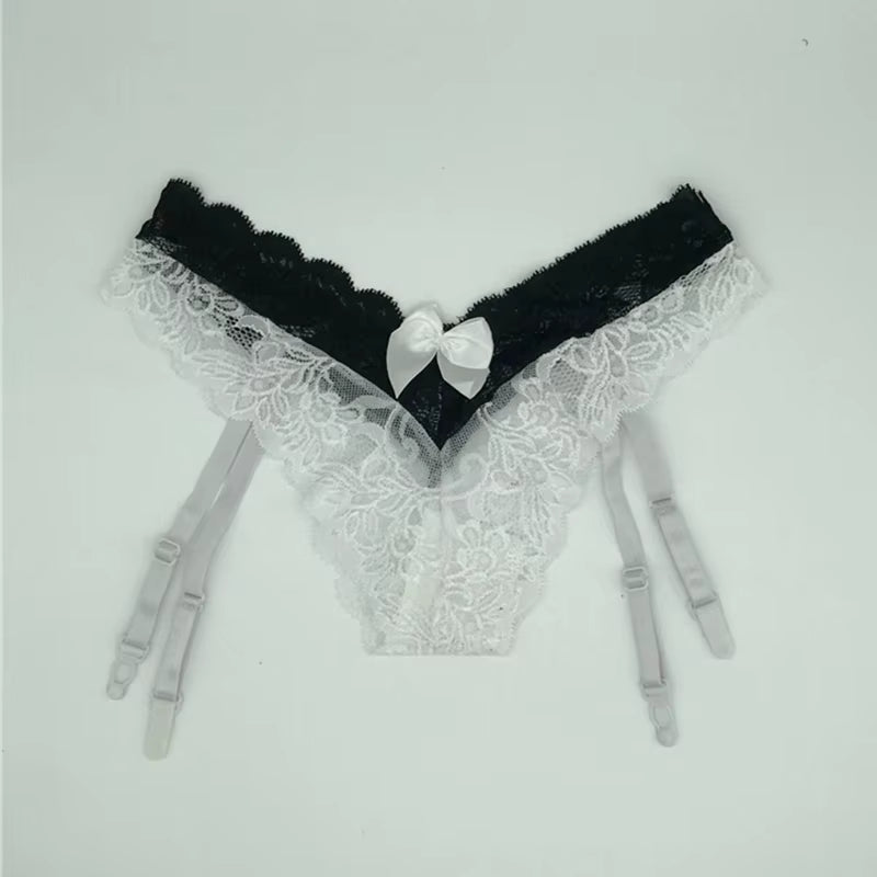 Women Sexy Lace Transparent Garters Belt Seamless Intimate Underwear Pearl Massage Panties with Suspender Belt for Stockings