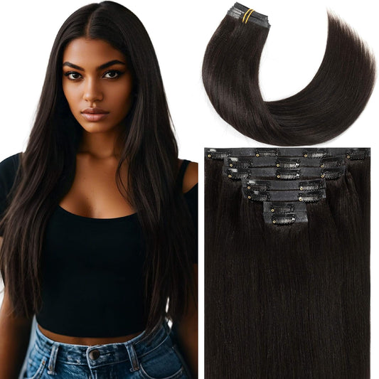 Yaki Straight Clip in Hair Extensions, Remy Human Hair Natural Black Thick Yaki Clip in Hair Extensions Human Hair for African American Woman Relaxed Hair 7 Pieces 120 Gram per Set 18 Inch