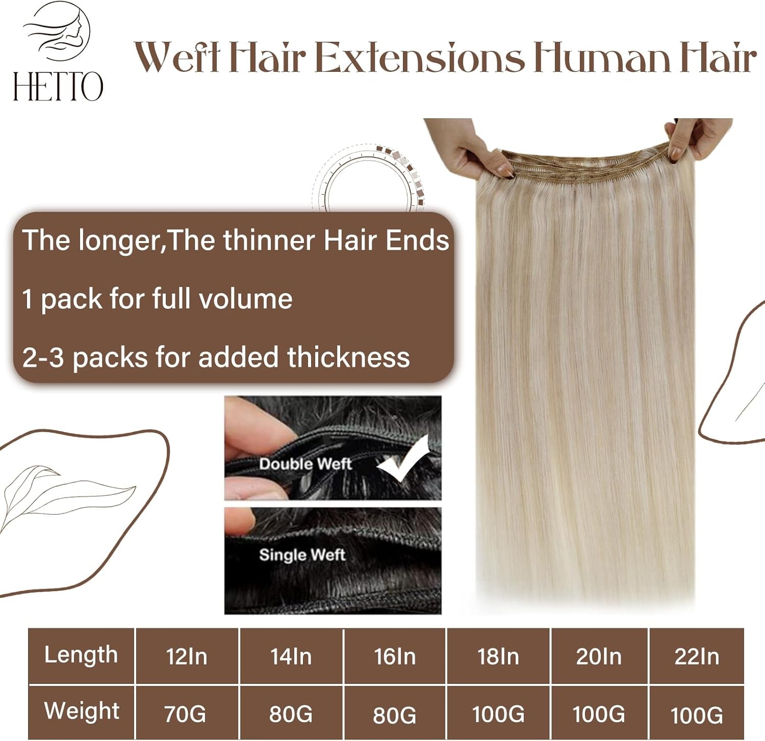 Blonde Weft Hair Extensions Human Hair Sew in Extensions Brazilian Hand Tied Human Hair Bundles #18/613 Blonde Hair Wefts Human Hair Weave 100G 18 Inch