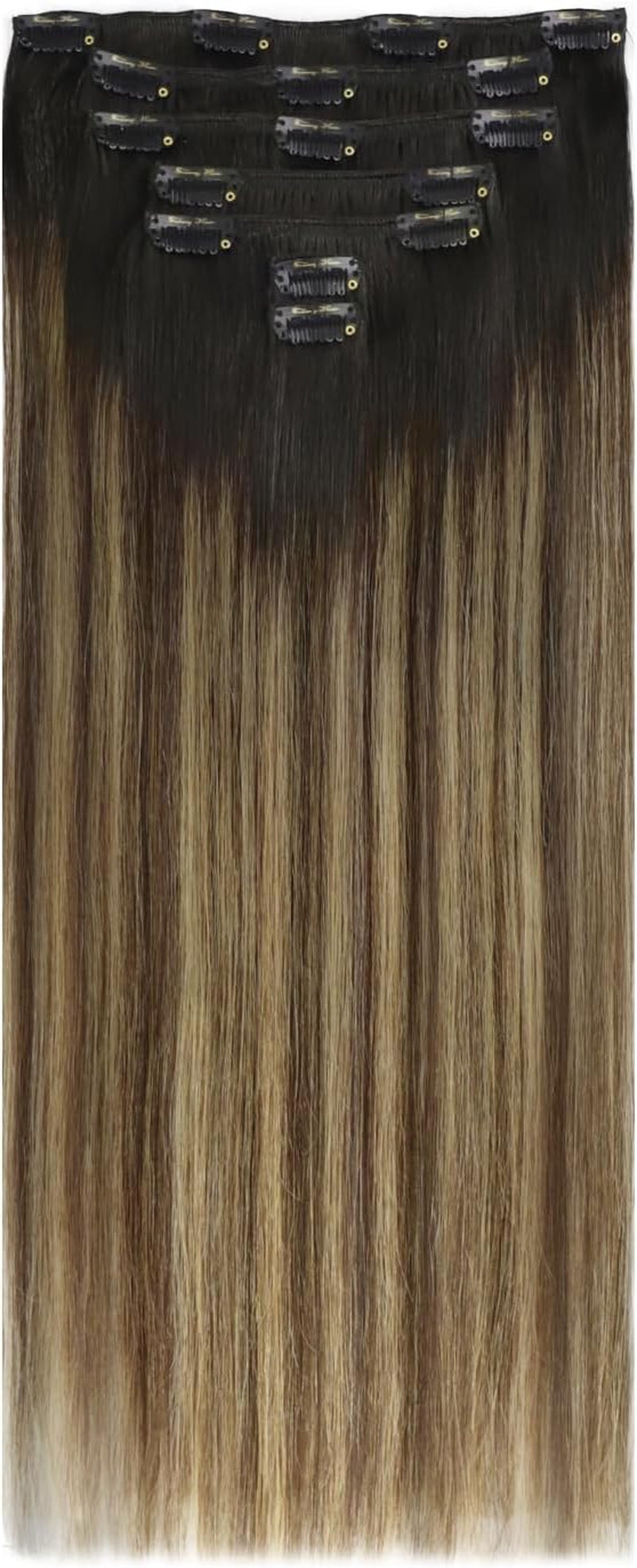 12Inch Clip in Hair Extensions Human Hair Black Ombre Brown to Blonde Balayage Clip in Hair Extensions for Women