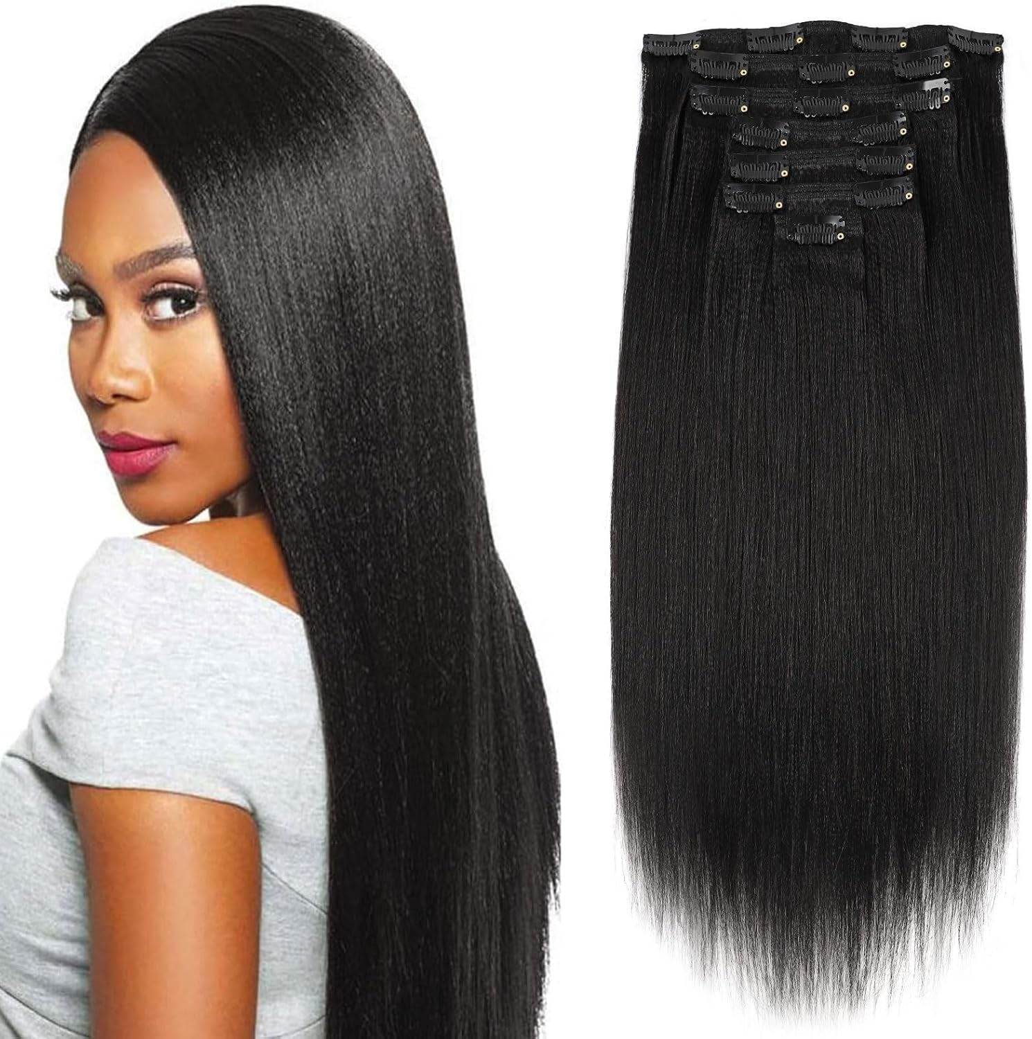 Clip in Human Hair Extensions Yaki Straight Style Natural Color 100% Remy Unprocessed Soft Clip on Extensions for Black Women 7 Pieces/Set 120 Grams YS 16 Inch