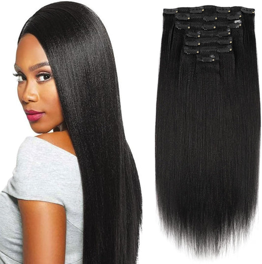 Clip in Human Hair Extensions Yaki Straight Style Natural Color 100% Remy Unprocessed Soft Clip on Extensions for Black Women 7 Pieces/Set 120 Grams YS 16 Inch