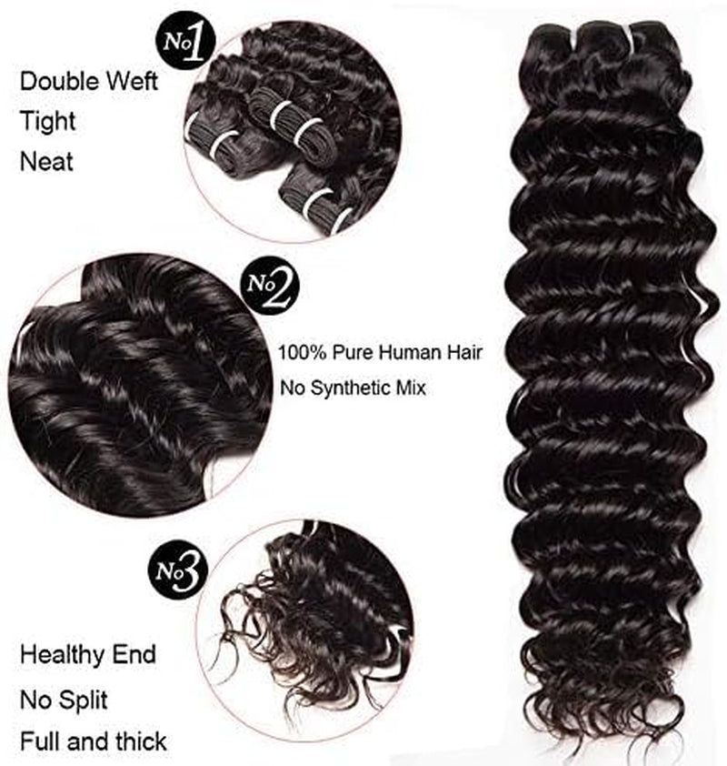 Deep Wave Remy Human Hair 3 Bundles Brazilian Virgin Hair Weave Bundles Deep Wave 12A Grade Unprocessed Hair Extensions Natural Black (Black, DEEP22 22 22)
