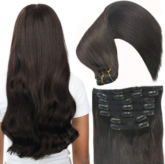 Real Human Remy Hair Lace Clip in Hair Extensions 16Inch Finsih at 16.5Inch 100G 7Pcs Color #1B off Black Double Wefted Thick Ends Silky Soft Long Lifespan Tangle Free Human Hair Extensions